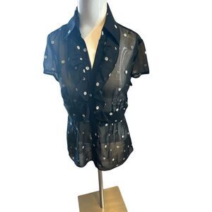 Ann Taylor Women’s Sheer Shirt Polka Dots Waist Accent & Ruffles Sz 2 B&W
